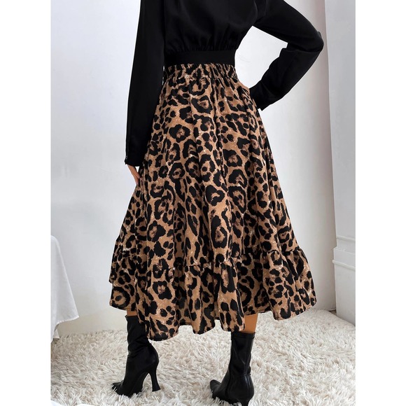 Leopard Print Ruffle Hem midi Skirt - Picture 2 of 6